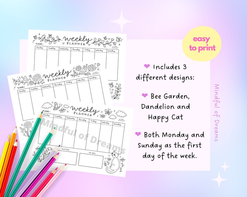 Coloring Weekly Planner Printable Bundle Cute Illustrated - Etsy