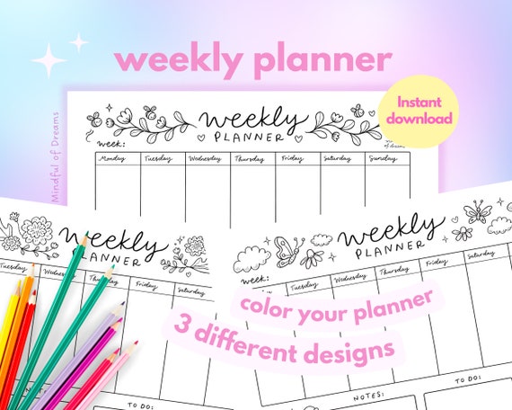 Coloring Weekly Planner Printable Bundle Cute Illustrated - Etsy