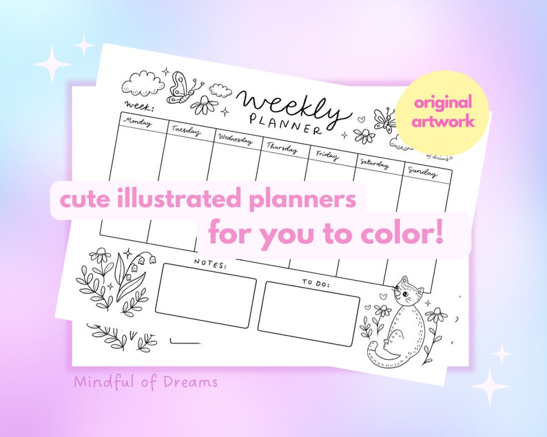 Coloring Weekly Planner Printable Bundle Cute Illustrated - Etsy