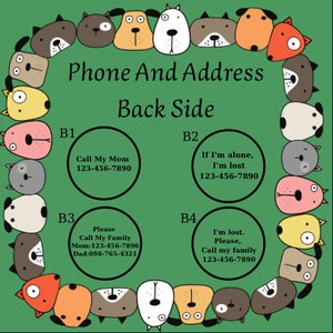 Op de afbeelding: Een groene achtergrond met een cirkel van cartoonhonden die een witte cirkel omringen met de tekst "Phone And Address" en "Back Side". Binnen de witte cirkel bevinden zich vier kleinere cirkels met de tekst "B1", "B2", "B3" en "B4" en contactgegevens voor elk.