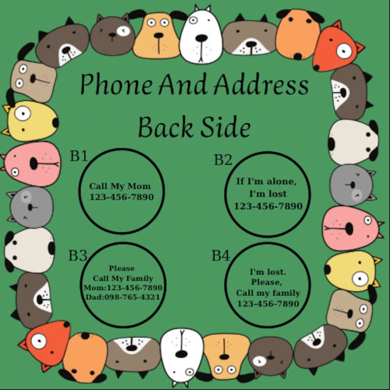 Op de afbeelding: Een groene achtergrond met een cirkel van cartoonhonden die een witte cirkel omringen met de tekst "Phone And Address" en "Back Side". Binnen de witte cirkel bevinden zich vier kleinere cirkels met de tekst "B1", "B2", "B3" en "B4" en contactgegevens voor elk.