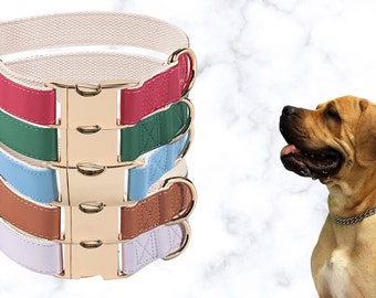 Custom Dog Collar with Gold Metal Buckle, Personalized Vegan Soft Padded Leash Set, Dog Collar with Engraved ID Tag, Customized Pet Collars