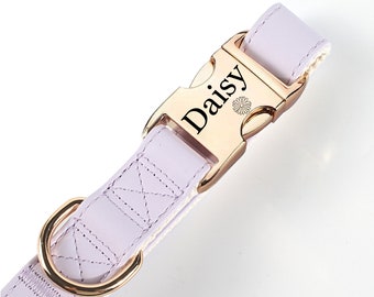 Custom Engraved Dog Collar, Vegan Leather Leash Set, Gold Buckle Pet ID Tag