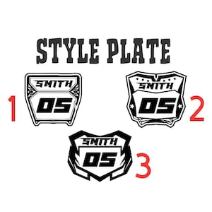 May include: Three black and white graphic style plates labeled 1, 2, and 3. Each plate features the text SMITH above the number 05 in a bold font. The designs vary in shape, with plate 2 including small star icons above the name text.