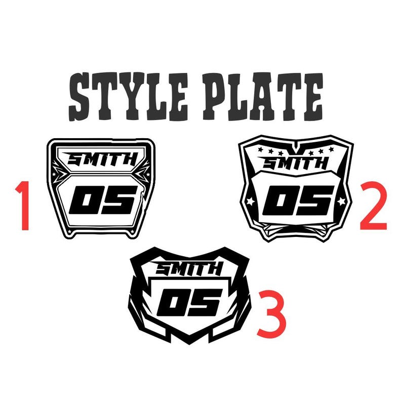 May include: Three black and white graphic style plates labeled 1, 2, and 3. Each plate features the text SMITH above the number 05 in a bold font. The designs vary in shape, with plate 2 including small star icons above the name text.