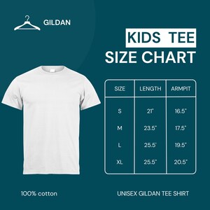 May include: A white Gildan kids t-shirt displayed next to a size chart with columns for size, length, and armpit measurements in inches. The chart lists sizes S, M, L, and XL with corresponding dimensions. The text 100% cotton is visible.