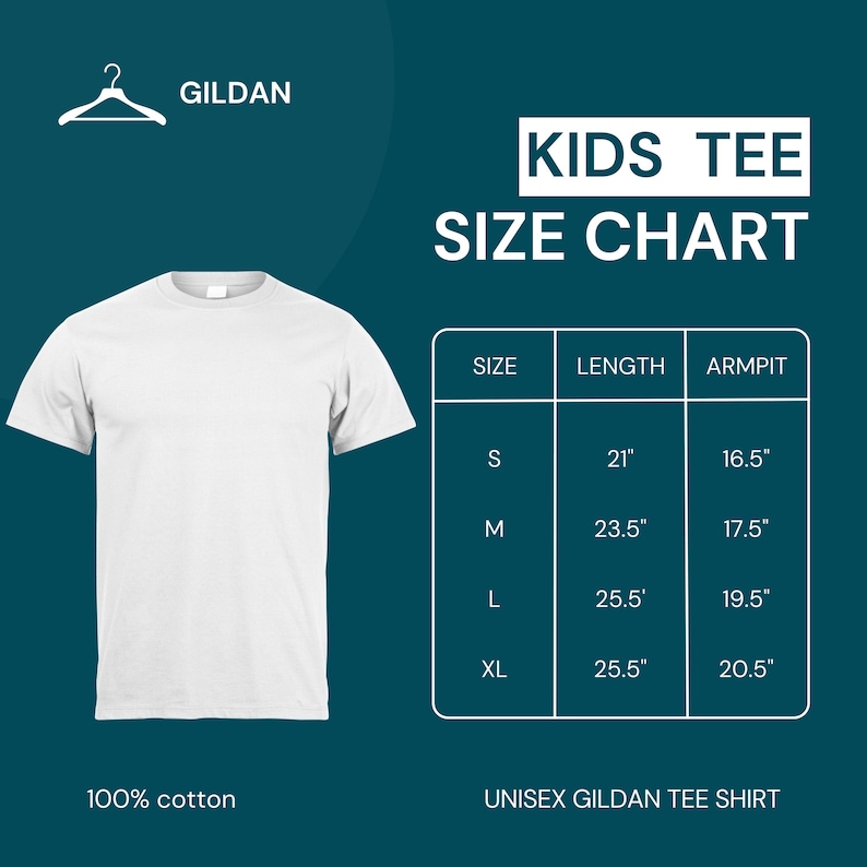 May include: A white Gildan kids t-shirt displayed next to a size chart with columns for size, length, and armpit measurements in inches. The chart lists sizes S, M, L, and XL with corresponding dimensions. The text 100% cotton is visible.