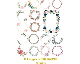 Floral Frame Svg and Png Bundle, Circle Frame Svg,  Watercolor Wreath, Floral Wreath Svg, Floral Edge, Half Wreath Svg, Wreath Sublimation