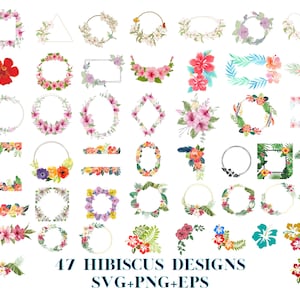 47 Hibiskus SVG Bundle, tropische Blume SVG, Hawaii Blumen svg, Garten svg, Blume svg, Aquarell Kranz, halber Kranz svg, Blumenkranz svg