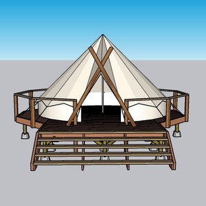 May include: A white canvas tent with wooden supports and a wooden deck with stairs. The tent is on a raised platform with a railing around the edge.