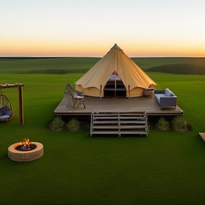 May include: A beige canvas tent with a wooden deck and steps, set on a green grassy field. There are two hanging chairs, a fire pit, and a hot tub on the deck.