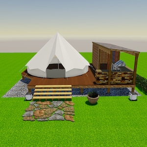 May include: A white canvas bell tent with a wooden deck and steps, a small wooden structure with a stone wall and a grill, and a green lawn with a small tree and a stone path.