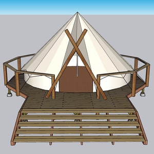 Puede incluir: Una tienda de campaña de lona blanca con soportes de madera y una plataforma de madera con escaleras. La tienda está en una plataforma con una barandilla.