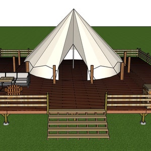 May include: A white canvas tent with a wooden deck and railing. The deck has a table and chairs, a small kitchen area with a grill, and steps leading up to the tent.
