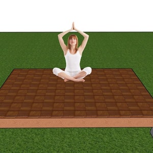 May include: A wooden platform with a brown tiled surface, raised on concrete blocks, suitable for outdoor yoga or meditation.