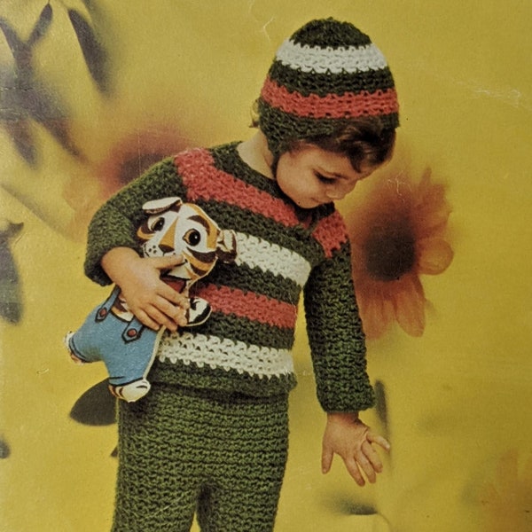 Vintage crochet pattern boys matching set pants striped shirt hat 2T-4T pdf INSTANT download toddler pattern only pdf 1970s