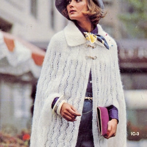 Vintage 1970&#39;s Women&#39;s Cape Knitting Pattern, Instant PDF Download, 70&#39;s Knitted Lace Cape w/ Collar using Mohair Yarn