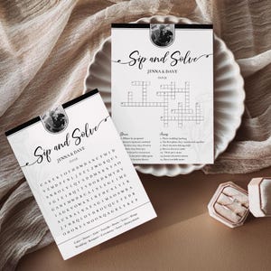 Sip and Solve Wedding Crossword Puzzle Word Search Minimalist Custom Editable Wedding Table Games Template with Photo Wedding Guest Games