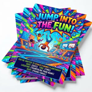 May include: A stack of colorful birthday party invitations. The design features children jumping on a trampoline with the text "JUMP INTO THE FUN!". The invitations include space for the date, time, location, and RSVP information.