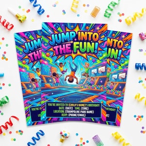 May include: Three colorful birthday party invitations with the text "Jump Into The Fun!" and illustrations of children jumping on trampolines. The invitations include space to fill in party details. Party streamers and confetti surround the invitations.