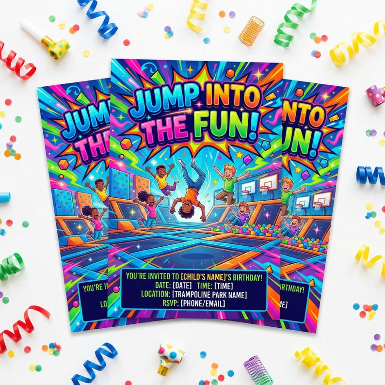 May include: Three colorful birthday party invitations with the text "Jump Into The Fun!" and illustrations of children jumping on trampolines. The invitations include space to fill in party details. Party streamers and confetti surround the invitations.