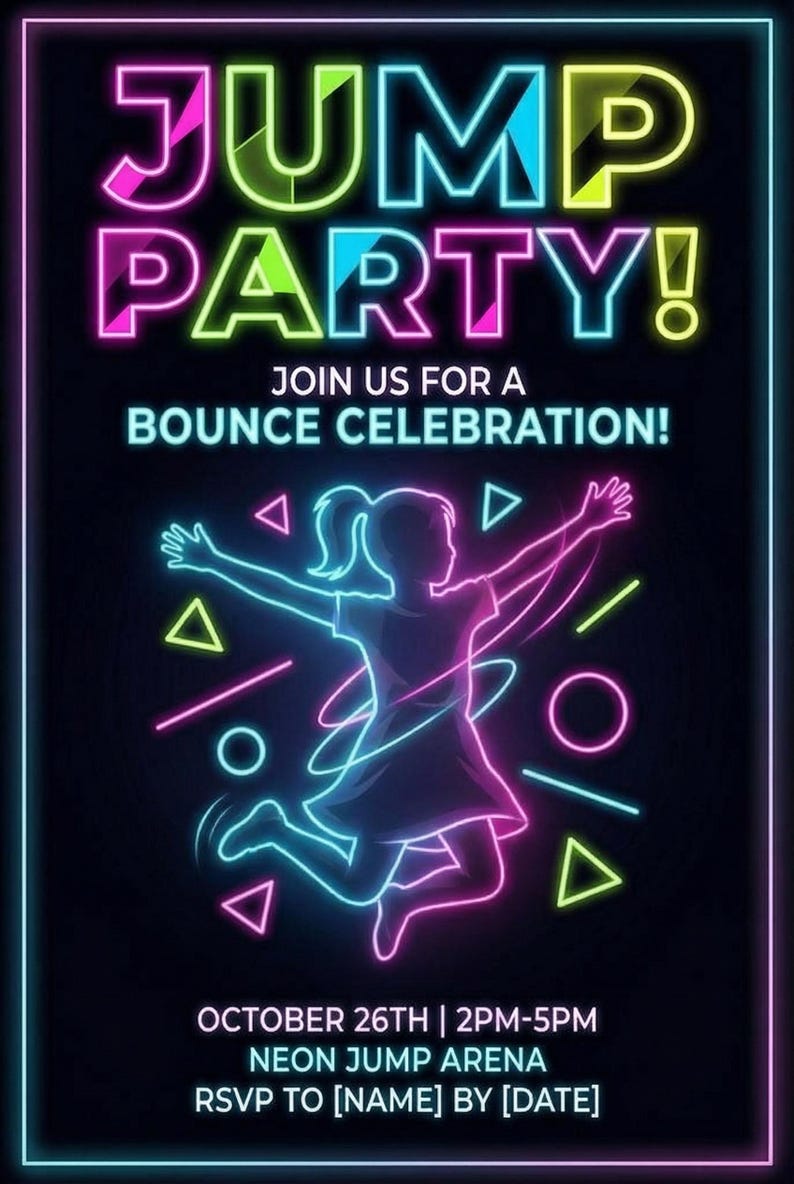 May include: Neon sign promoting a "Jump Party!" with a silhouette of a jumping person. The sign features bright pink, yellow, and blue colors against a black background. Text includes the date, time, and location of the event.