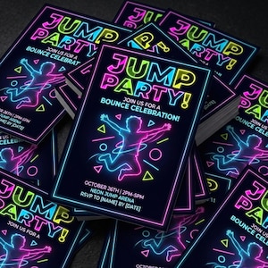 May include: A stack of neon-themed party invitations. Each invitation features the words "JUMP PARTY!" in bright colors, a jumping figure, and event details. The invitations are designed for a bounce celebration.