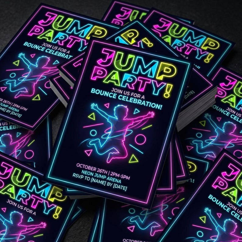 May include: A stack of neon-themed party invitations. Each invitation features the words "JUMP PARTY!" in bright colors, a jumping figure, and event details. The invitations are designed for a bounce celebration.
