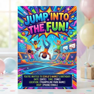 Trampoline Park Birthday Invitation | Bounce Party Invite | Jump Zone Birthday | Kids Indoor Bounce House Party | Printable or Printed Card image 9
