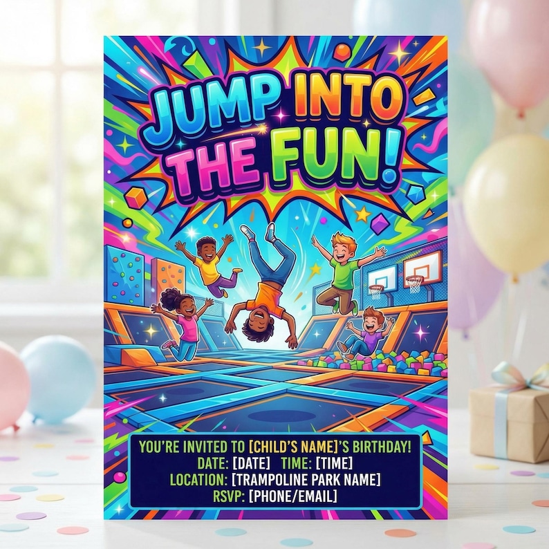 Trampoline Park Birthday Invitation | Bounce Party Invite | Jump Zone Birthday | Kids Indoor Bounce House Party | Printable or Printed Card image 9