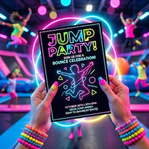 May include: A black invitation with neon text that reads "JUMP PARTY!" is held in front of a neon-lit trampoline park. The invitation includes the text "JOIN US FOR A BOUNCE CELEBRATION!" and event details. The person holding the invitation has colorful bracelets.