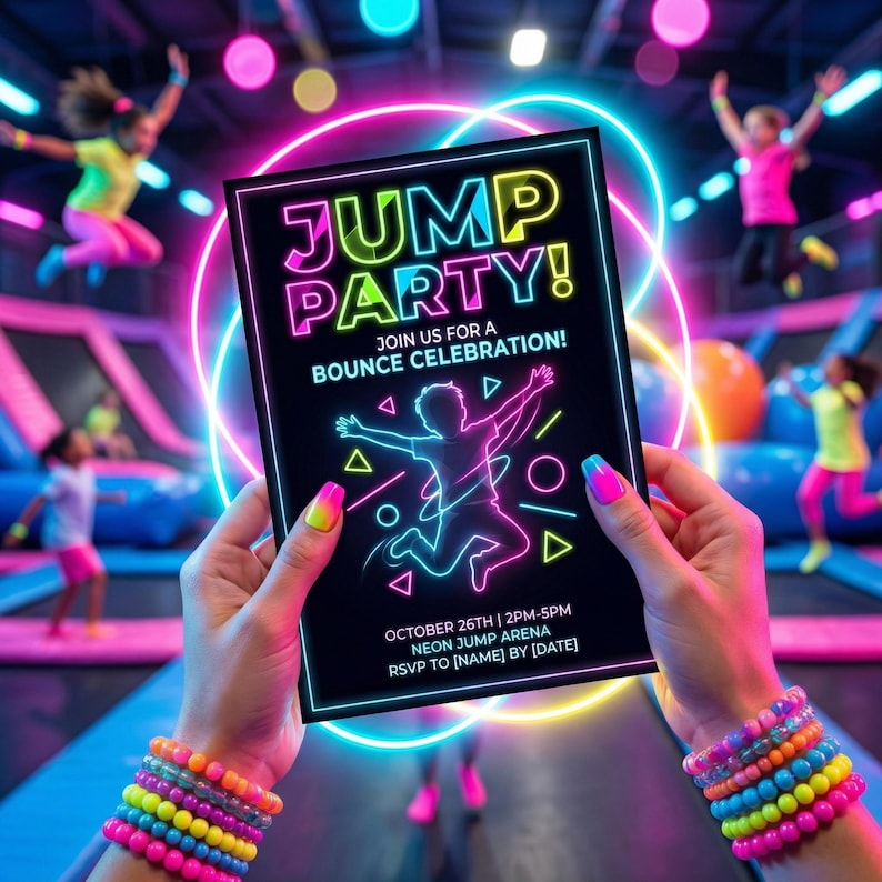 May include: A black invitation with neon text that reads "JUMP PARTY!" is held in front of a neon-lit trampoline park. The invitation includes the text "JOIN US FOR A BOUNCE CELEBRATION!" and event details. The person holding the invitation has colorful bracelets.