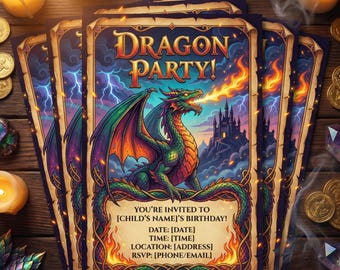 Dragon Birthday Invitation | Medieval Fantasy Party Invite | Knights & Castle Birthday | Mythical Dragon Party | Printable or Printed Card