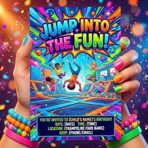 Trampoline Park Birthday Invitation | Bounce Party Invite | Jump Zone Birthday | Kids Indoor Bounce House Party | Printable or Printed Card image 1