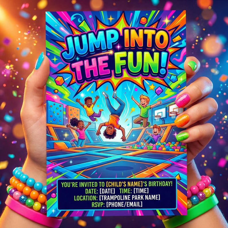 Trampoline Park Birthday Invitation | Bounce Party Invite | Jump Zone Birthday | Kids Indoor Bounce House Party | Printable or Printed Card image 1