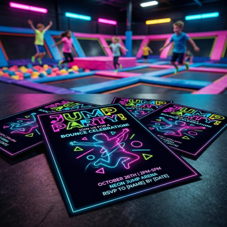 May include: Neon-lit "Jump Party!" invitations with a black background, featuring a neon figure jumping. The invitations are on a dark surface, with children jumping on trampolines in the background. The text reads "Join us for a Bounce Celebration!" and event details.