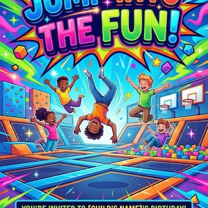 Trampoline Park Birthday Invitation | Bounce Party Invite | Jump Zone Birthday | Kids Indoor Bounce House Party | Printable or Printed Card image 7