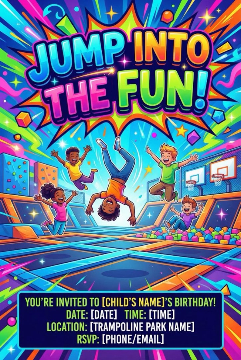 Trampoline Park Birthday Invitation | Bounce Party Invite | Jump Zone Birthday | Kids Indoor Bounce House Party | Printable or Printed Card image 7
