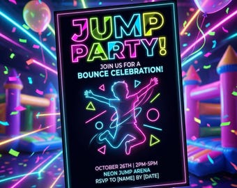 Neon Trampoline Birthday Invitation | Jump Party Invite | Glow Bounce House Party | Indoor Trampoline Park Birthday | Printable or Printed