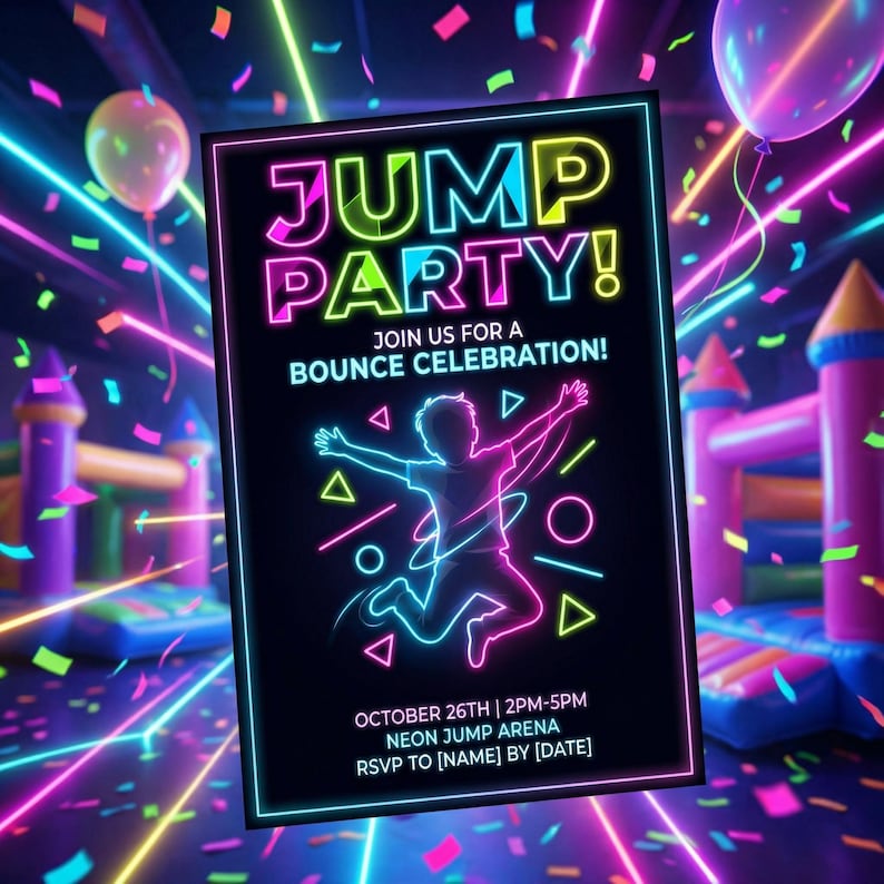 May include: A neon-themed party invitation with the words "JUMP PARTY!" in bright pink and blue. The invitation features a glowing outline of a child jumping, surrounded by geometric shapes and confetti. The event details include the date, time, and location.