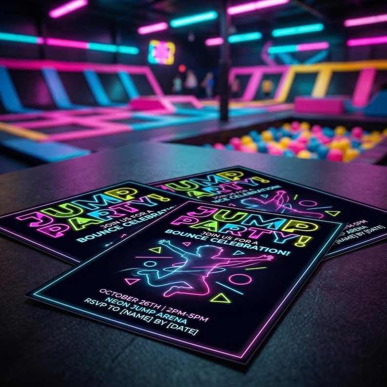 May include: Three neon-lit "Jump Party!" invitations on a dark surface. The cards feature a neon figure jumping, geometric shapes, and text including "October 26th" and "Neon Jump Arena". The background shows a trampoline park.