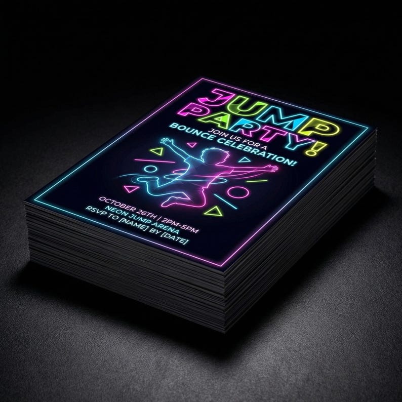 May include: A stack of black Jump Party invitations. The invitations feature neon text and graphics on a dark background. The text reads "JUMP PARTY! BOUNCE CELEBRATION!" and includes event details: October 26th, 2 PM-5 PM, Neon Jump Arena, RSVP by [Date].