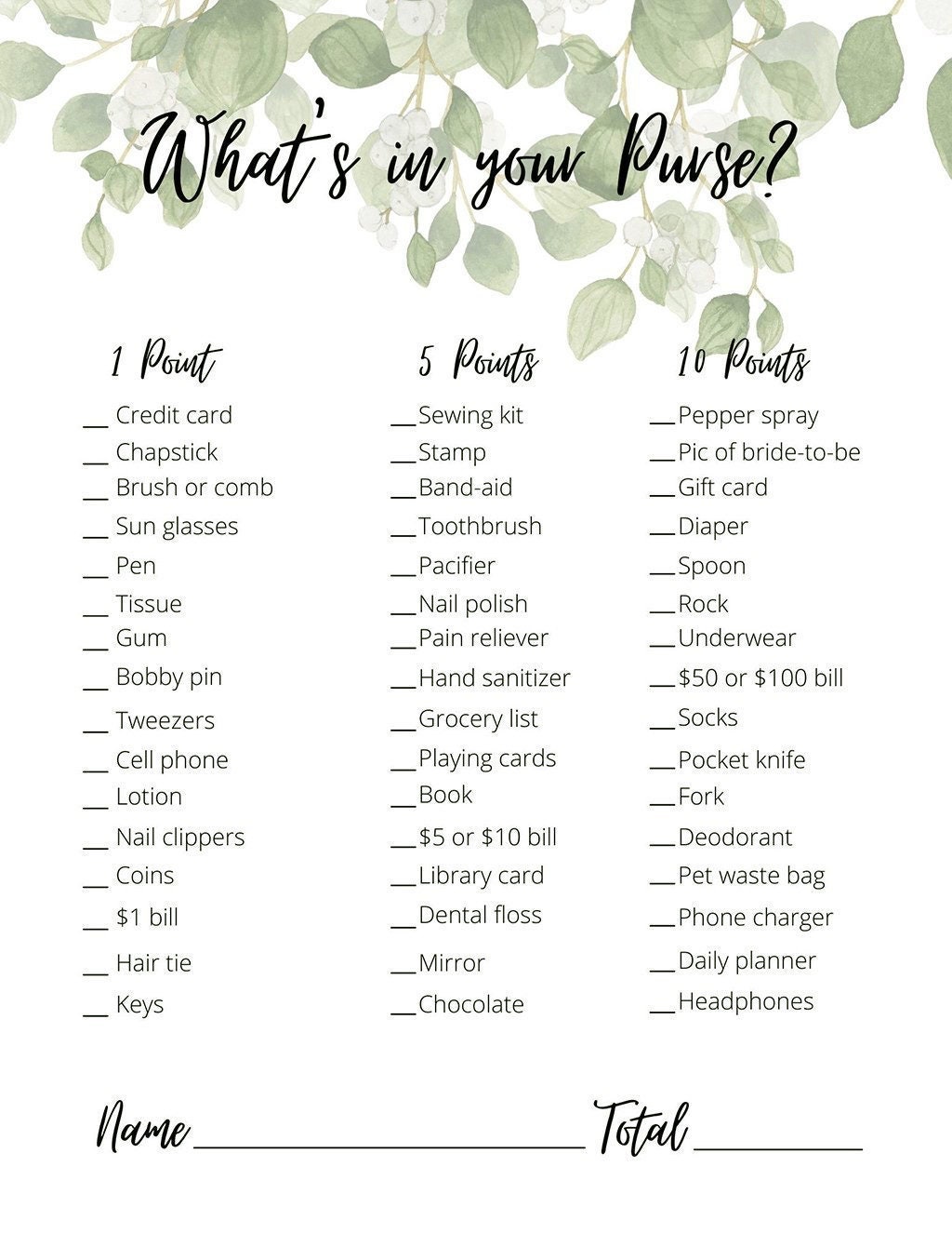 Free Printable What S In Your Purse Bridal Shower Game