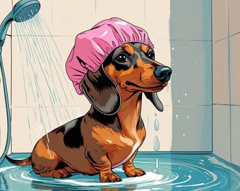 Afbeelding teckel onder de douche