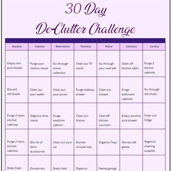 30 Day De-Clutter Calendar