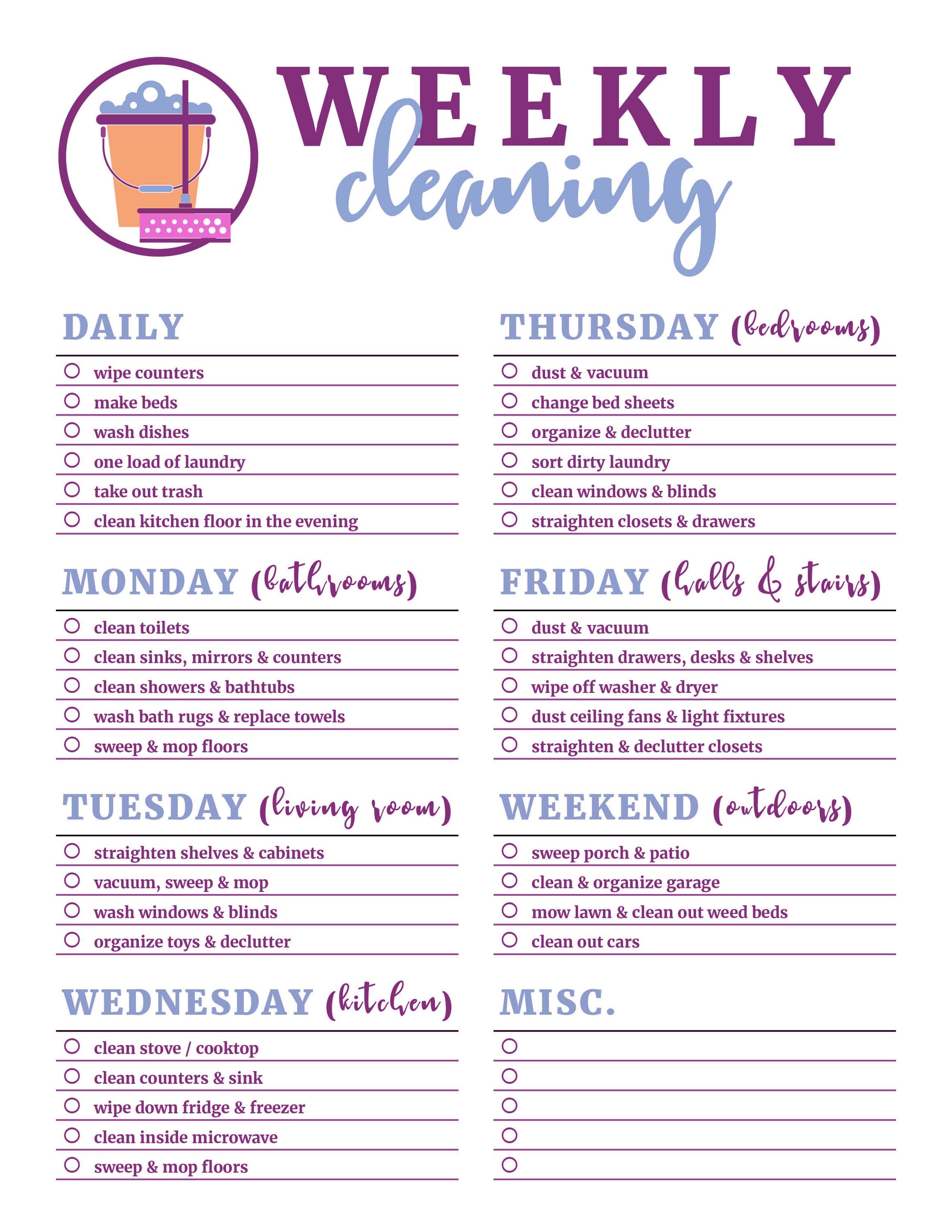 Weekly Cleaning Schedule List