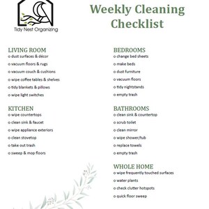 Peut inclure: Une liste de contrôle de nettoyage hebdomadaire imprimable en blanc, avec des sections pour le salon, les chambres, la cuisine, les salles de bains et toute la maison. Comprend des tâches comme dépoussiérer, passer l'aspirateur et essuyer les surfaces.