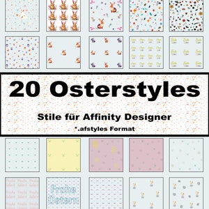 May include: A collection of 20 Easter-themed patterns. The patterns feature bunnies, eggs, flowers, and text. The text includes "Happy Easter" and "Frohe Ostern". The patterns are in various colors, including blue, pink, yellow, and green.