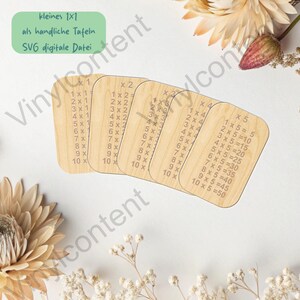 Puede incluir: Cuatro tarjetas de multiplicación de madera con esquinas redondeadas, cada una mostrando una tabla de multiplicar diferente. Las tarjetas son de color marrón claro con texto negro. Un rectángulo verde en la esquina superior izquierda dice "kleines 1x1 als handliche Tafeln SVG digitale Datei."