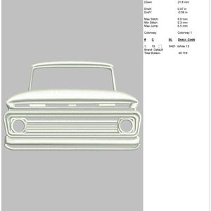 Op de afbeelding: Witte contour-borduurontwerp van de voorkant van een vintage pick-up truck. Het ontwerp is 1,95 inch hoog en 3,02 inch breed. Het ontwerp vereist 8403 steken en 1 kleur.